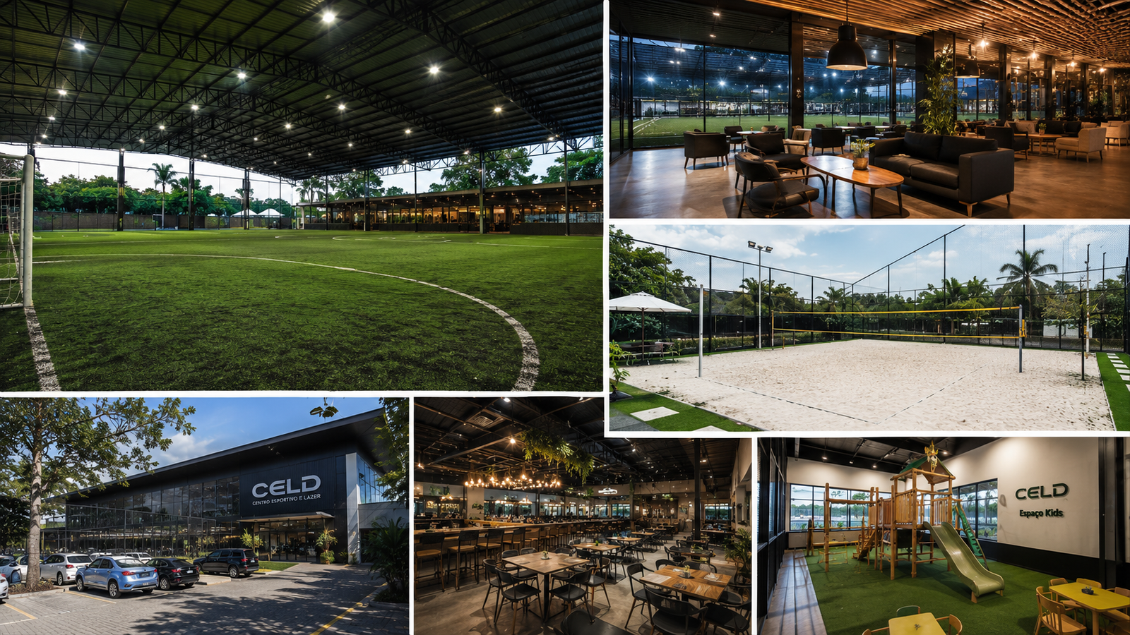 Estrutura completa da CELD — quadras, lounge, vôlei, gastronomia e espaços